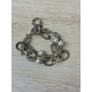 Premier Designs Triple Chain Link Silver Tone Bracelet Faux Pearl Beads Toggle